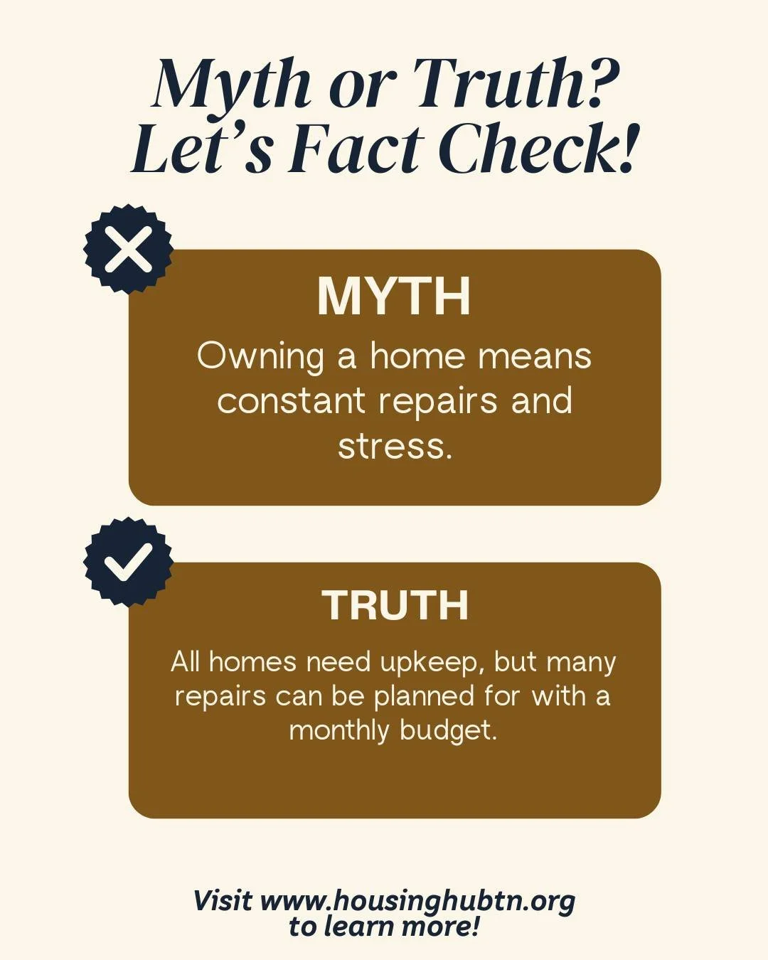Myth Busting Mondays 💥💥 
Thinking about buying a home? Don’t let a myth hold you back! The truth? Homeownership is more possible than you think, especially with programs, such as Housing Hub’s designed to help first-time buyers. 
#Homeo