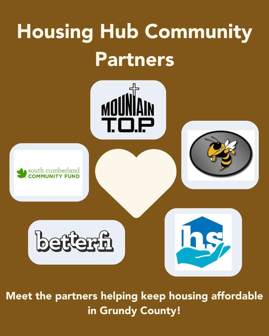 At Housing Hub, we know that solving the affordable housing crisis takes all of us. That’s why we are proud to partner with incredible organizations like:
- Mountain T.O.P
- BetterFi
- Housing Sewanee
- Grundy County High School
- South Cumberl