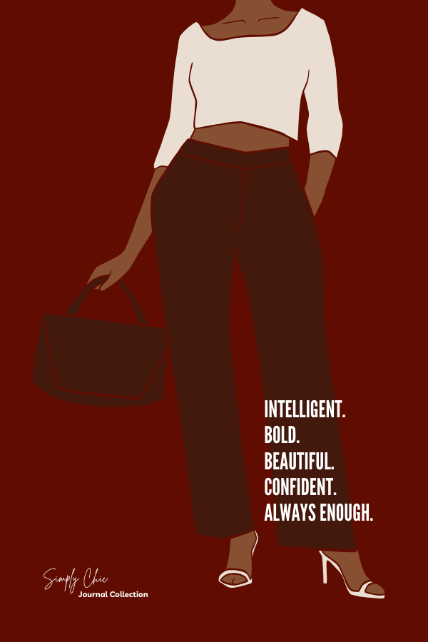 "Always Enough" journal cover featuring a confident, stylish Black Woman with the words "Intelligent. Bold. Beautiful. Confident. Always Enough."
