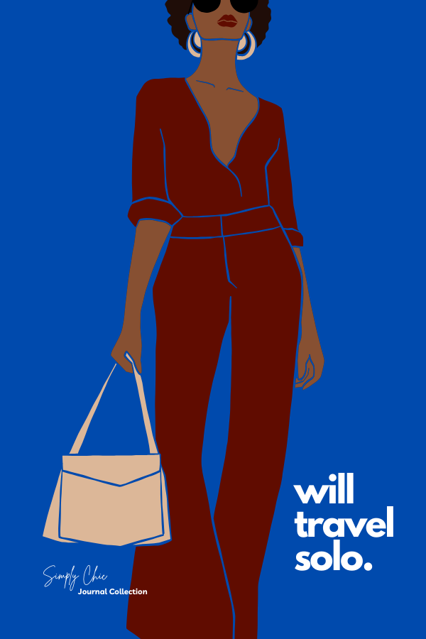 "Will Travel Solo" journal cover featuring confident Black woman holding a handbag on a blue background.