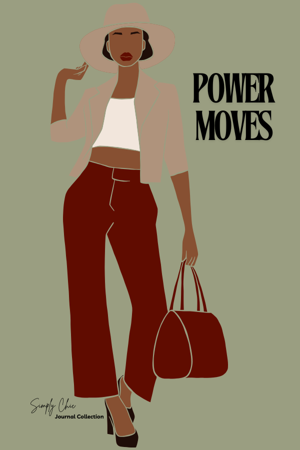 "Power Moves" journal cover featuring a confident Black woman wearing a hat and holding a handbag on a green background.
