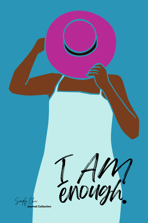 “I Am Enough” lined journal cover featuring a Black woman in a white dress and pink hat.