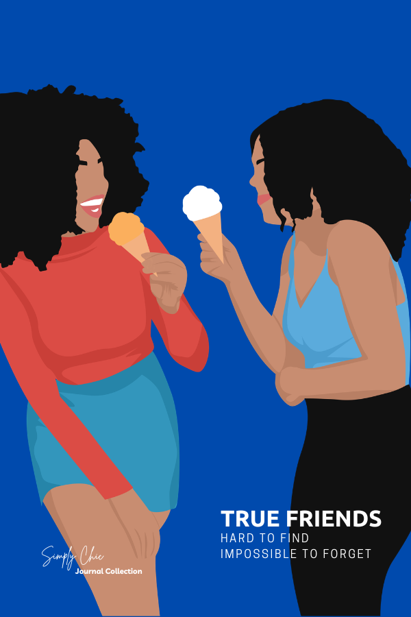 "True Friends" journal cover featuring two Black women laughing together while holding ice cream cones.