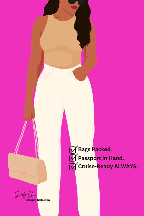 "Cruise Ready" journal cover featuring a stylish Black woman with sunglasses and a handbag on a pink background.