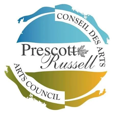 Logo for Prescott Russell Arts Council with blue, green, yellow brushstroke design and text in French and English.