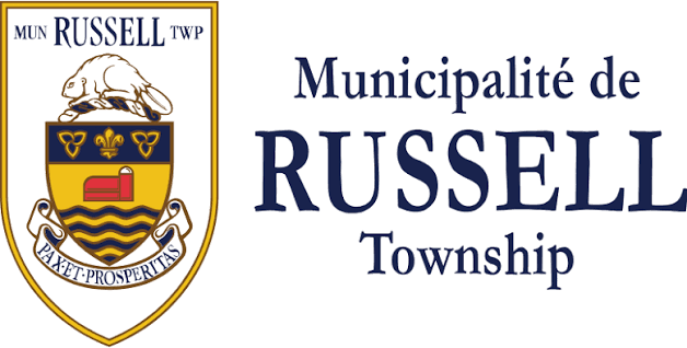 The crest of Russell Township featuring a mouse, a shield with symbols, and a banner with Latin phrase, alongside the text 'Municipalité de RUSSELL Township'.