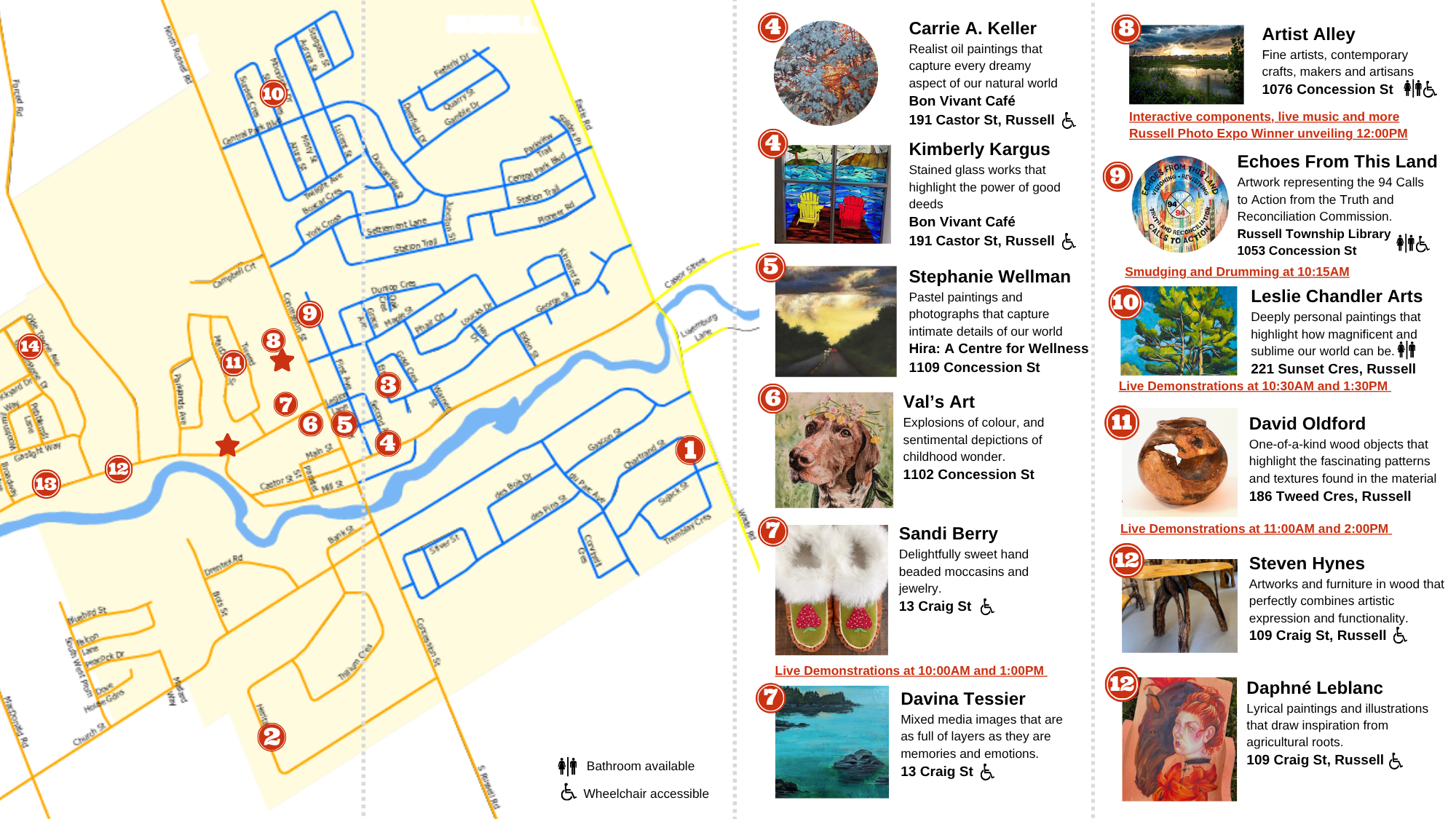 A colorful map showing various streets and intersections, with numbered red icons indicating specific locations and events on the right side, including art exhibits, artist demonstrations, and community information at Russell Township Library.