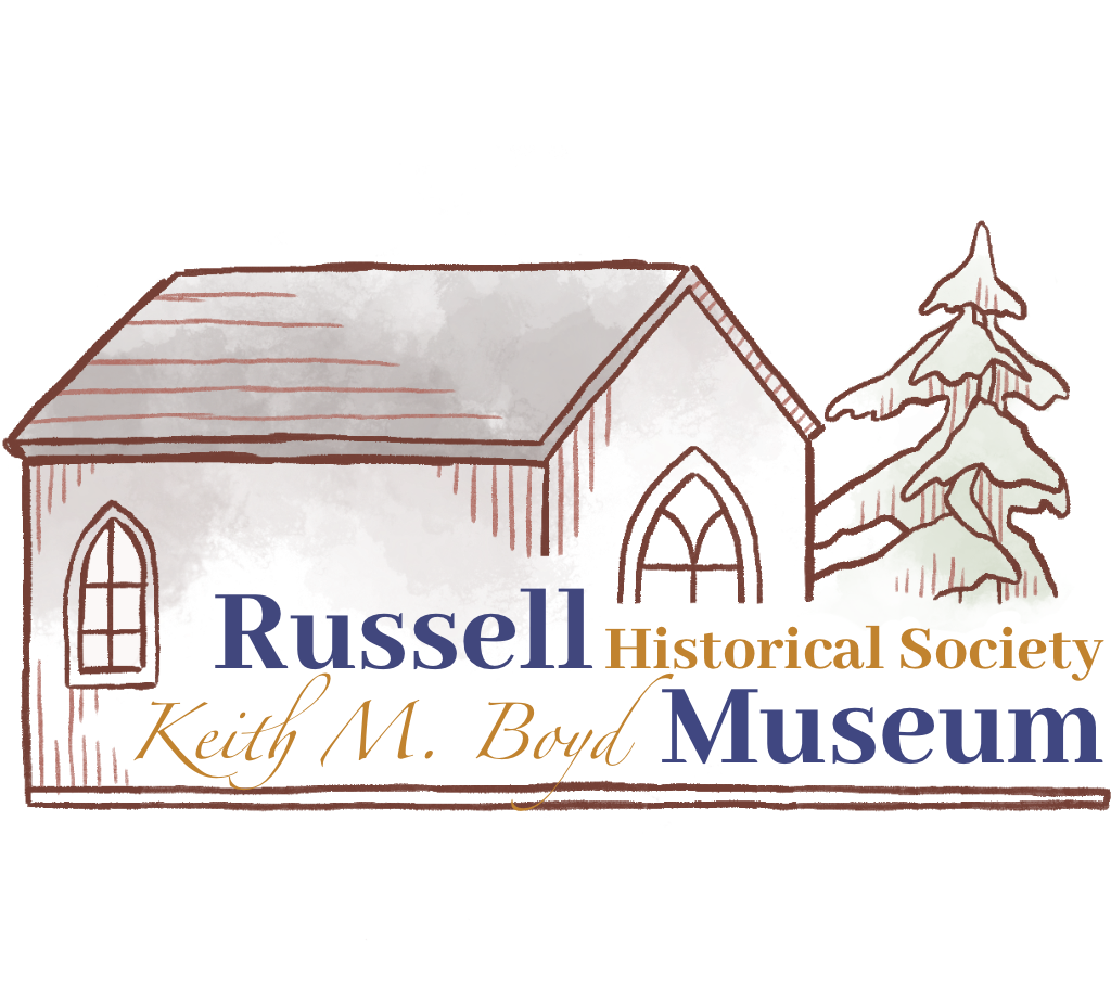Illustration of a white church building next to a snow-covered pine tree with a red and white background. Text overlay reading 'Russell Historical Society Keith M. Boyd Museum'.