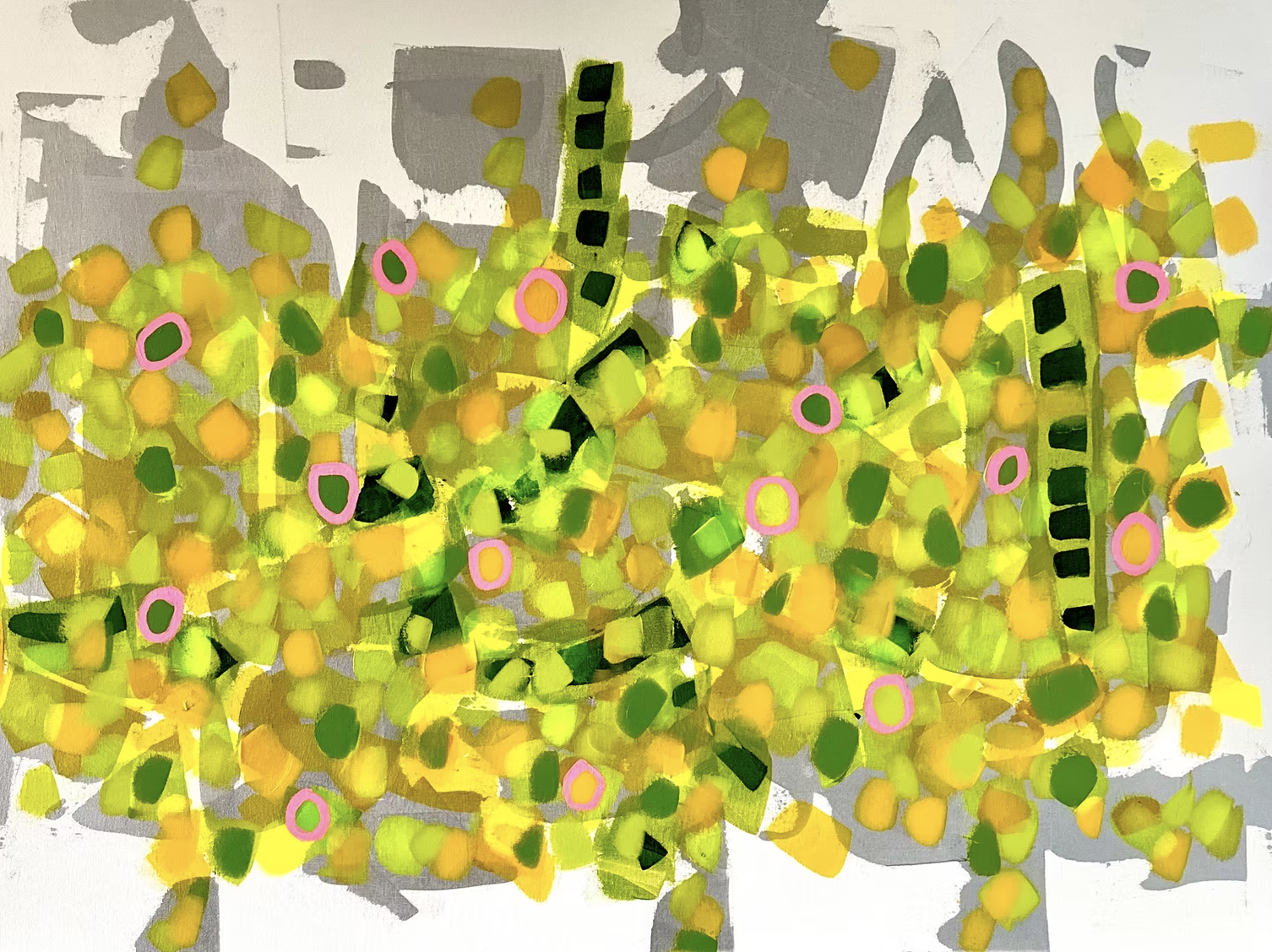 Abstract painting with yellow and green brushstrokes, pink ovals, and gray background shapes.