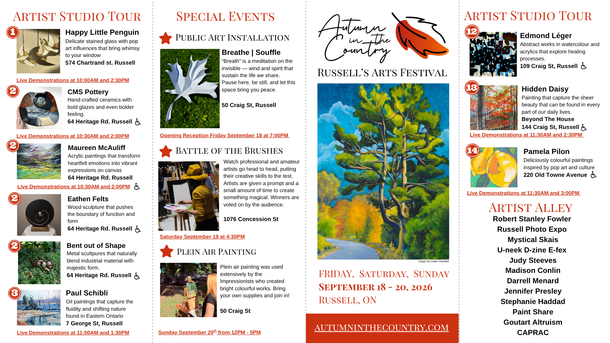 A promotional brochure for the Russell Arts Festival, featuring artist profiles, special events, and an outdoor landscape painting of trees and a road with a blue sky.