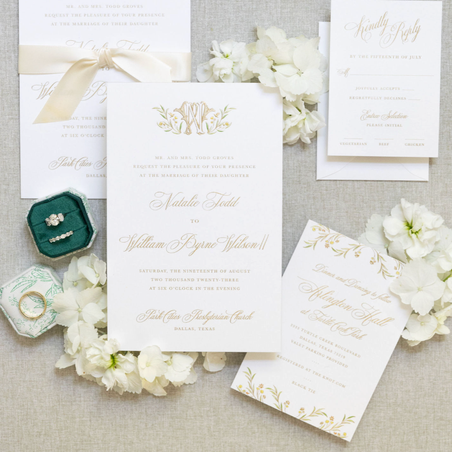 Elegant wedding invitations with floral accents, including a main invitation, RSVP card, and details card, surrounded by white flowers, wedding rings, and a jewelry box, on a light fabric background.
