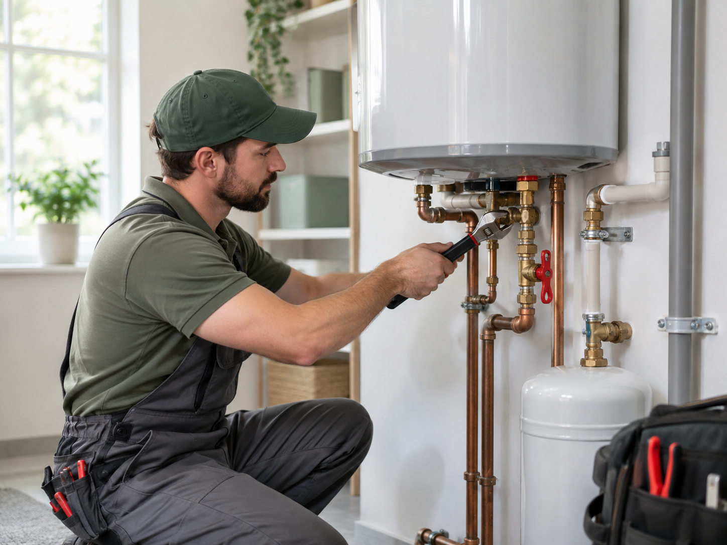 A technician working on copper pipes and a tankless water heater in a home.
