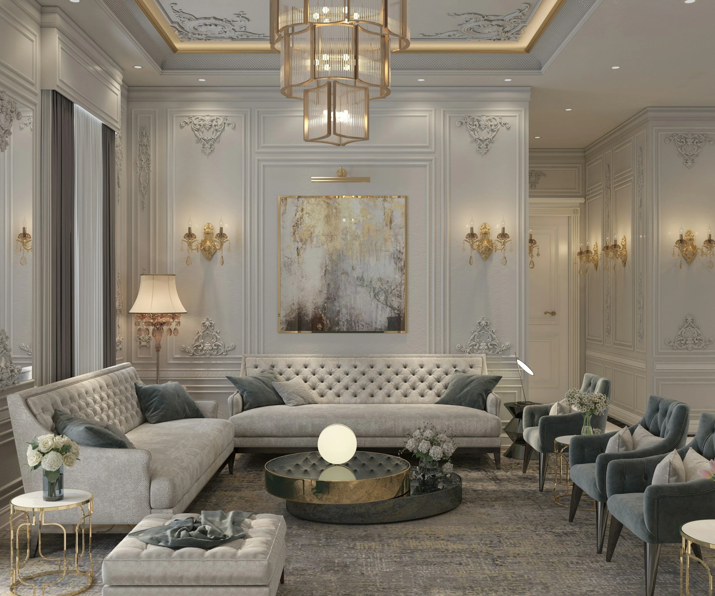 Elegant living room with white ornate walls, ceiling with intricate molding, a large chandelier, wall sconces, a modern abstract painting, a beige sofa with cushions, a round marble coffee table, a white tufted ottoman with a flower arrangement, and various chairs and side tables.