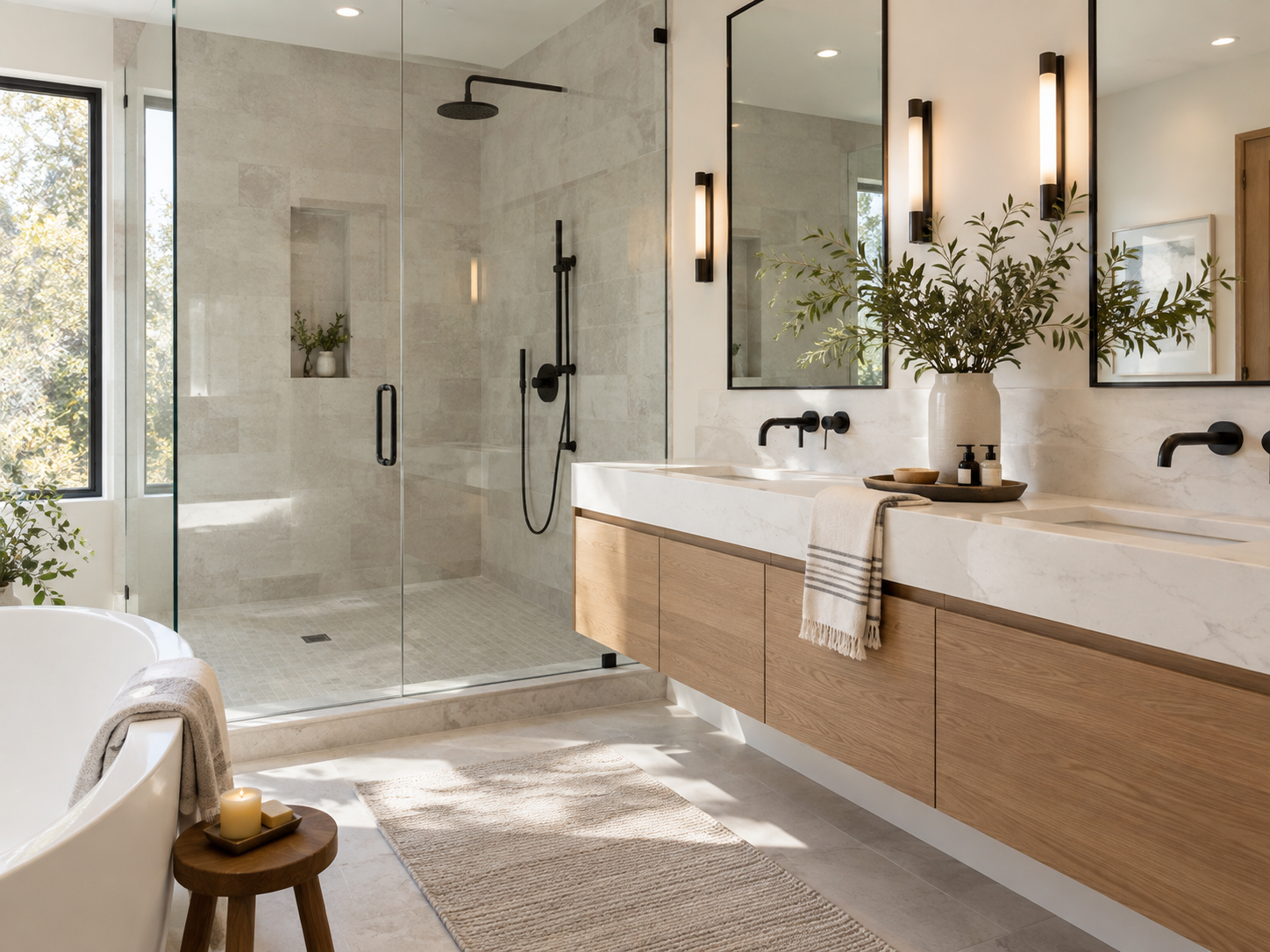 Modern bathroom with a glass shower enclosure, a floating wooden vanity with dual sinks, large mirrors, black fixtures, a potted plant, natural light, and a freestanding bathtub with a candle on a stool.