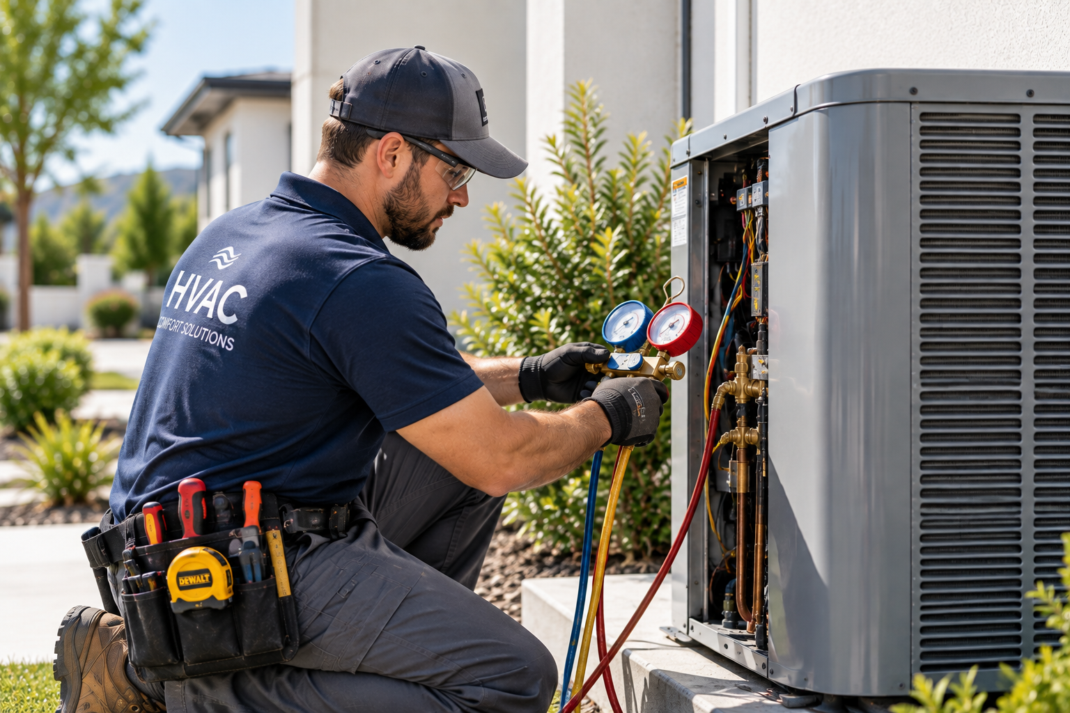 HVAC technician working on an air conditioning unit outdoors, holding gauges and tools, wearing a navy shirt, gloves, and a cap.
