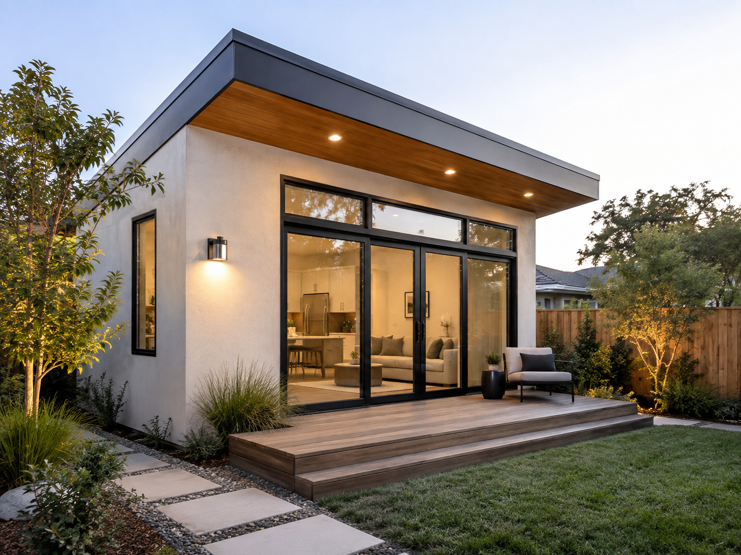 Modern backyard with wooden decking, outdoor seating, and sliding glass doors leading into a well-lit living room, surrounded by landscaped garden and trees at dusk.