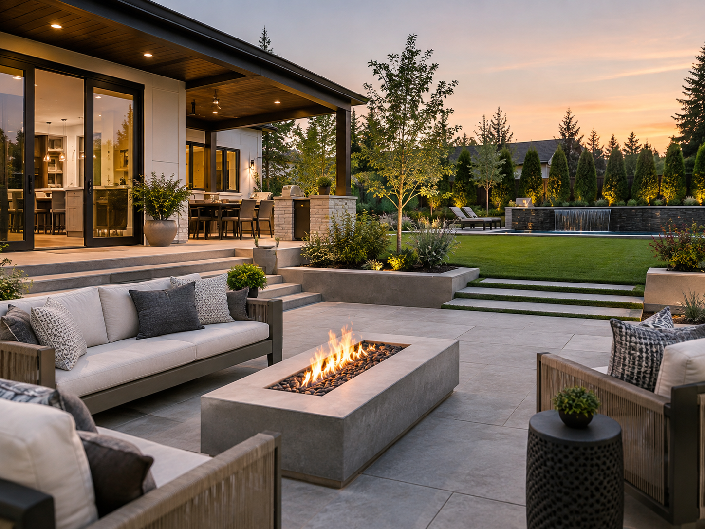 Beautiful backyard patio at sunset with outdoor seating, fire pit, lush lawn, trees, and a water feature in the background.