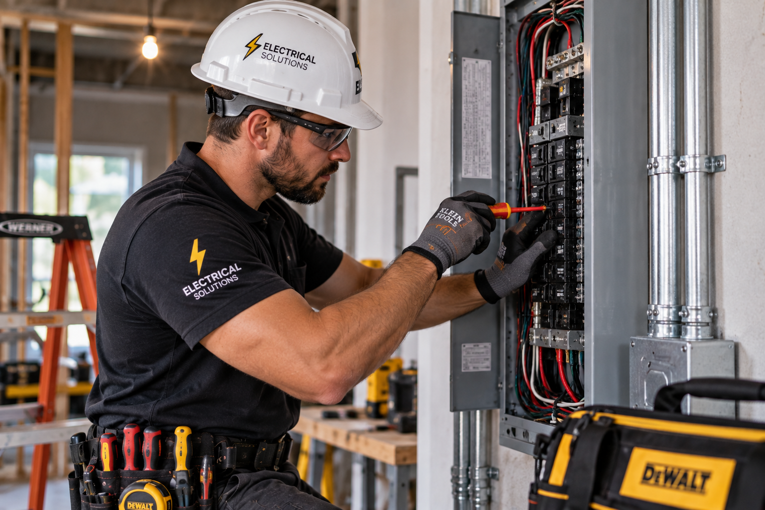 Electrician installing or inspecting electrical circuit breaker panel in a construction site, wearing safety gear including helmet, gloves, and glasses.