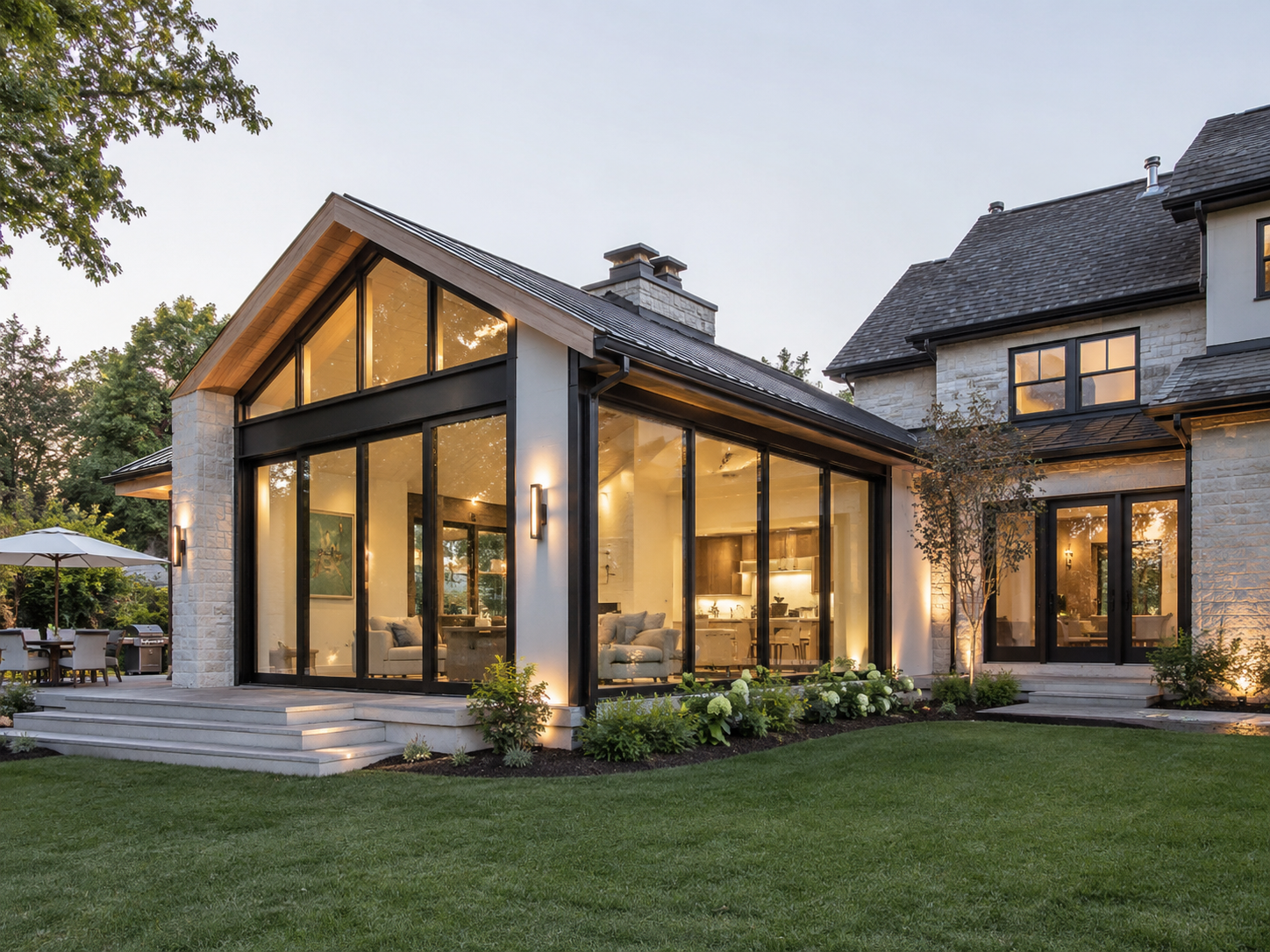 A modern house with large glass windows and a well-maintained lawn, illuminated by outdoor lighting.