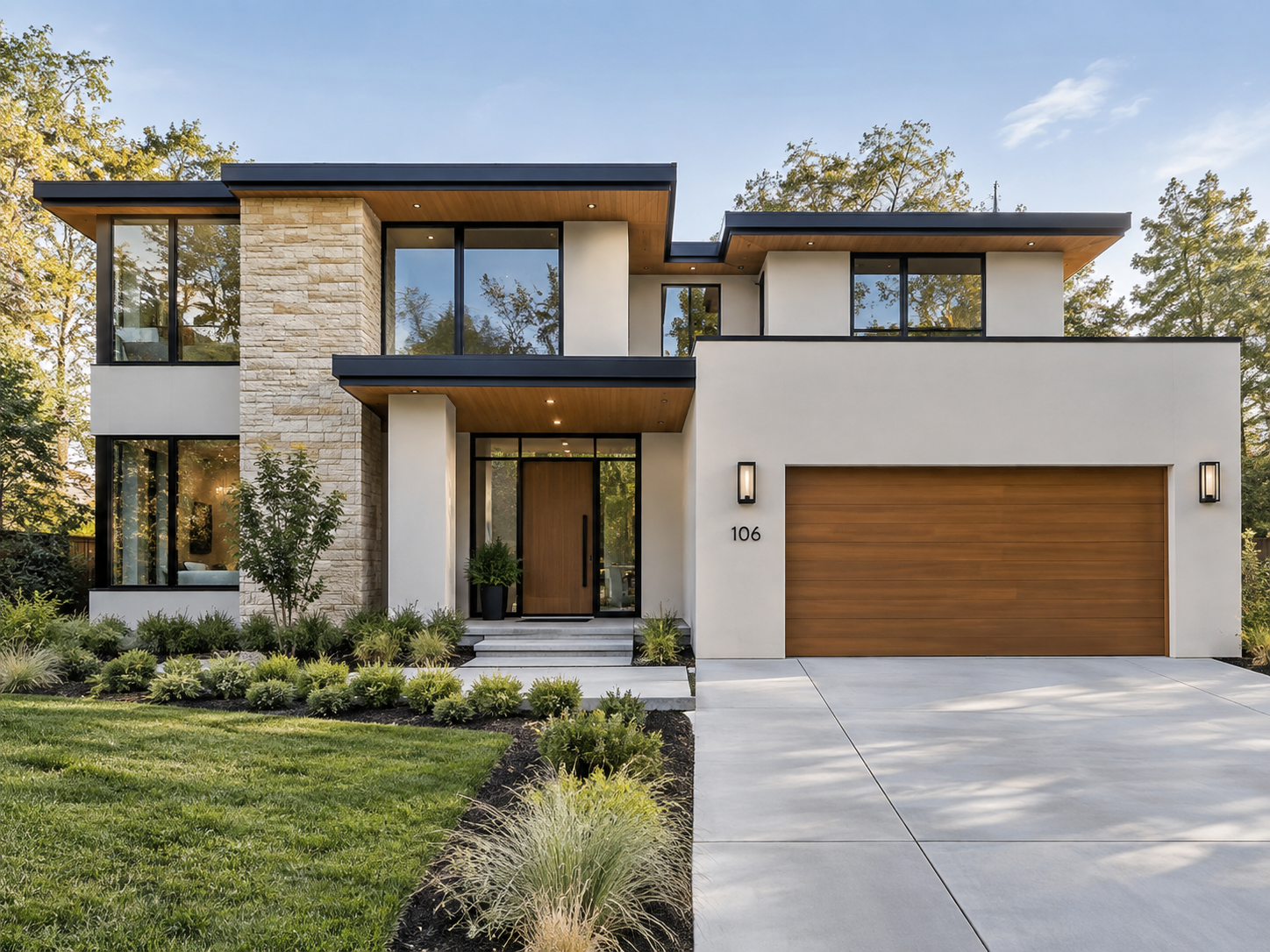 Modern two-story house with a combination of white walls, stone accents, and wooden elements, featuring large windows, a wooden front door, and an attached garage, surrounded by a landscaped yard with grass and plants.