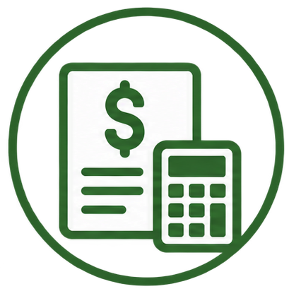 Icon of a financial document with a dollar sign and a calculator inside a green circle.