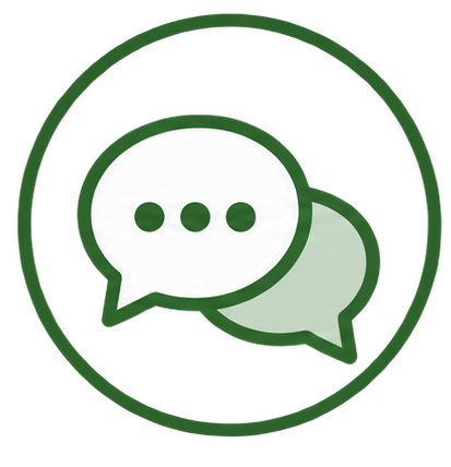 Green chat bubble icon with three dots inside, surrounded by a green circular outline.