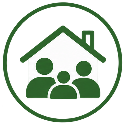 Green and white icon of a house with three simplified human figures inside, representing a family or community, all enclosed within a green circle.