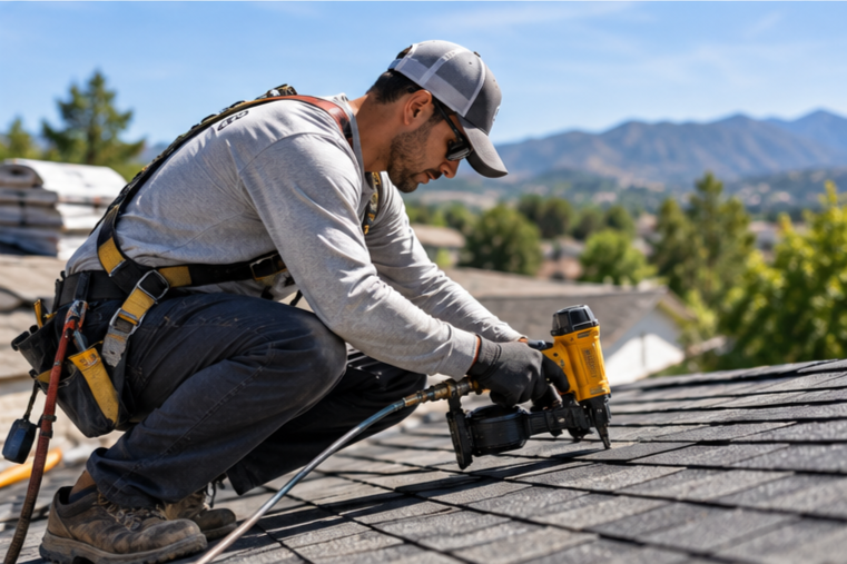 Man working on a roof with roofing tools and equipment, wearing safety harness, gray shirt, and cap, with a scenic mountain view in the background.