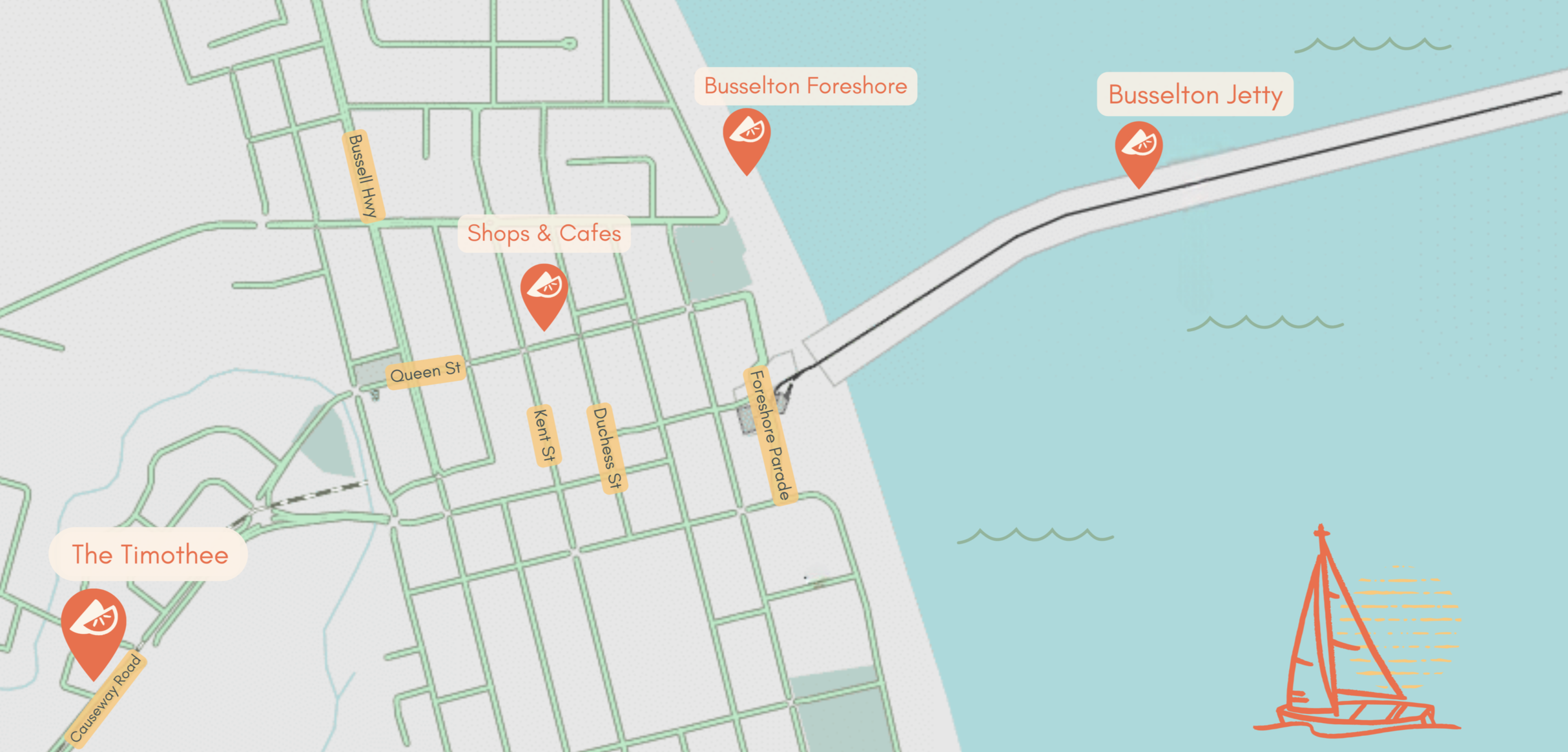 Map of Busselton with The Timothee, Busselton Foreshore and Busselton Jetty with main road names - queen street, kent street