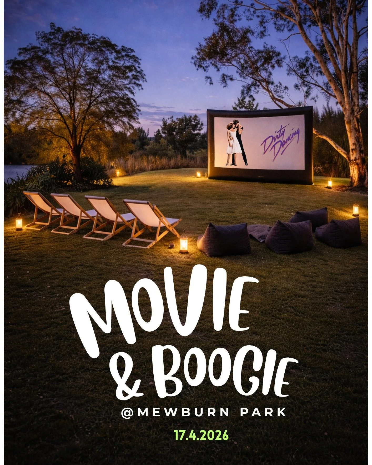 Movie &amp; Boogie @MEWBURN PARK 🎥🍿

Let's enjoy an autumn's eve with a relaxed outdoor Movie Night in the lush gardens at Mewburn Park. The bar is open for some drinks, music is playing and if you like, let's have a boogie later on in the marquee.