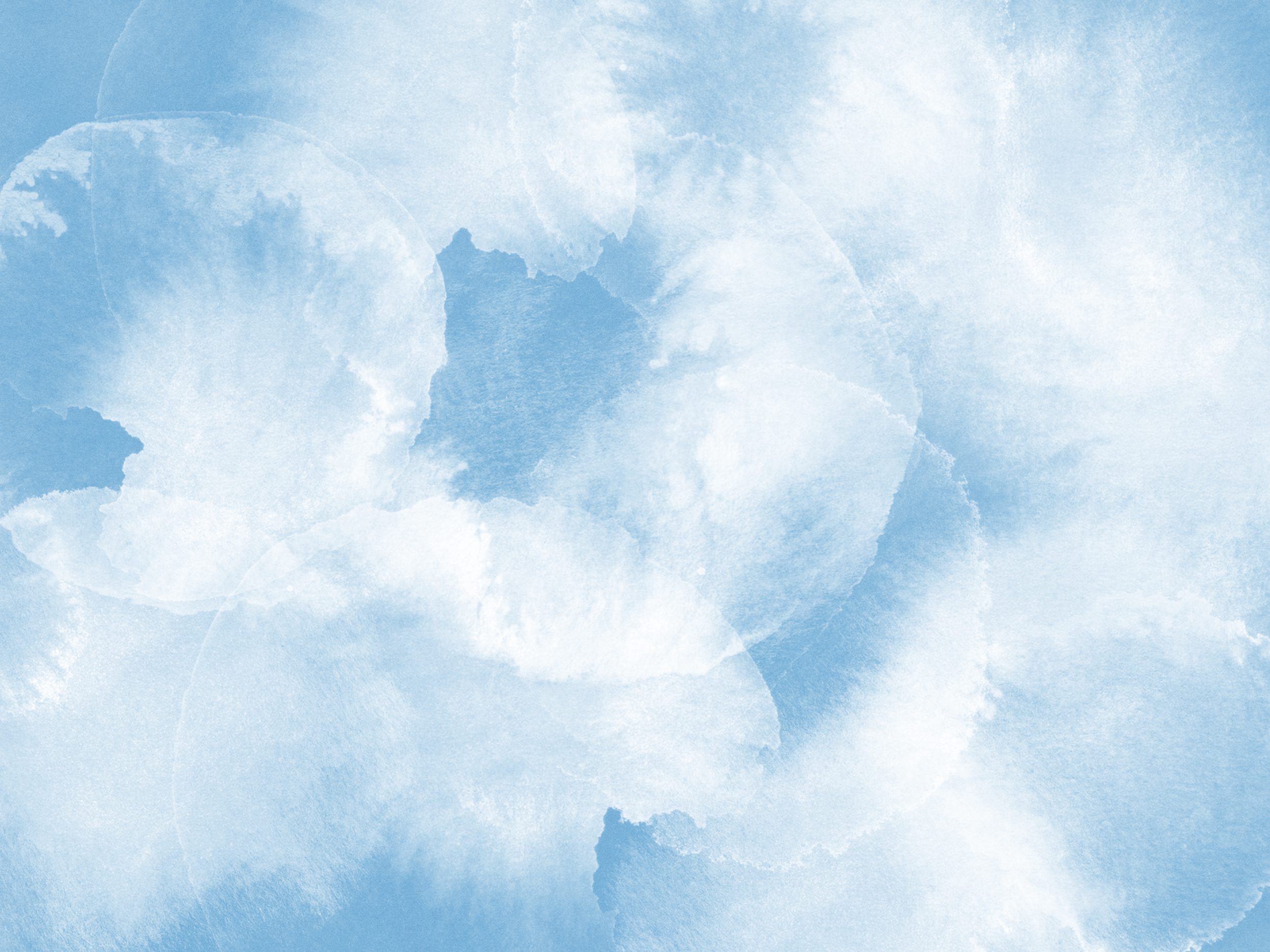 Blue watercolor background with white and darker blue abstract shapes.
