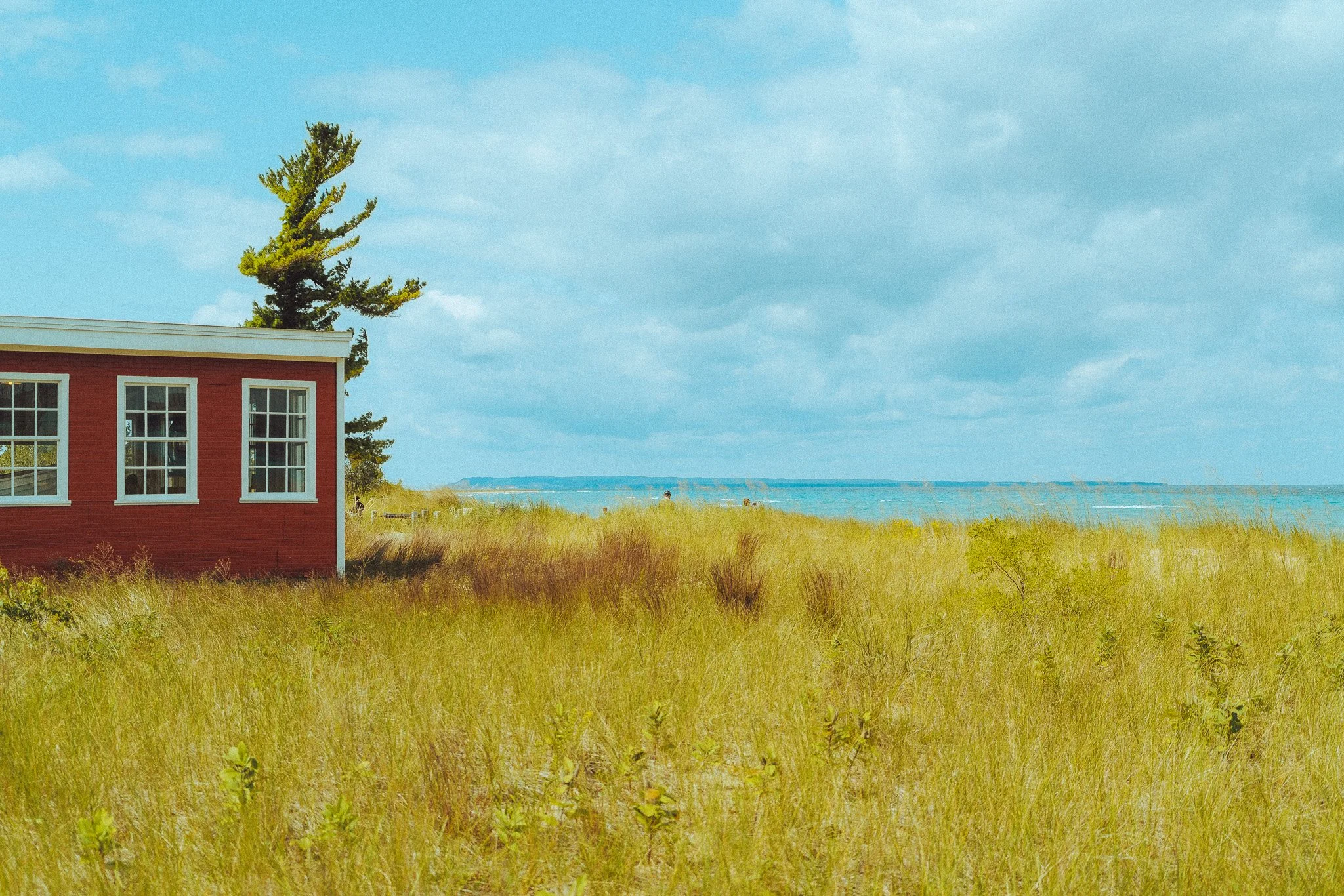 Beachside scene with a red house, tall grass, a tree, and the ocean in the background under a partly cloudy sky.