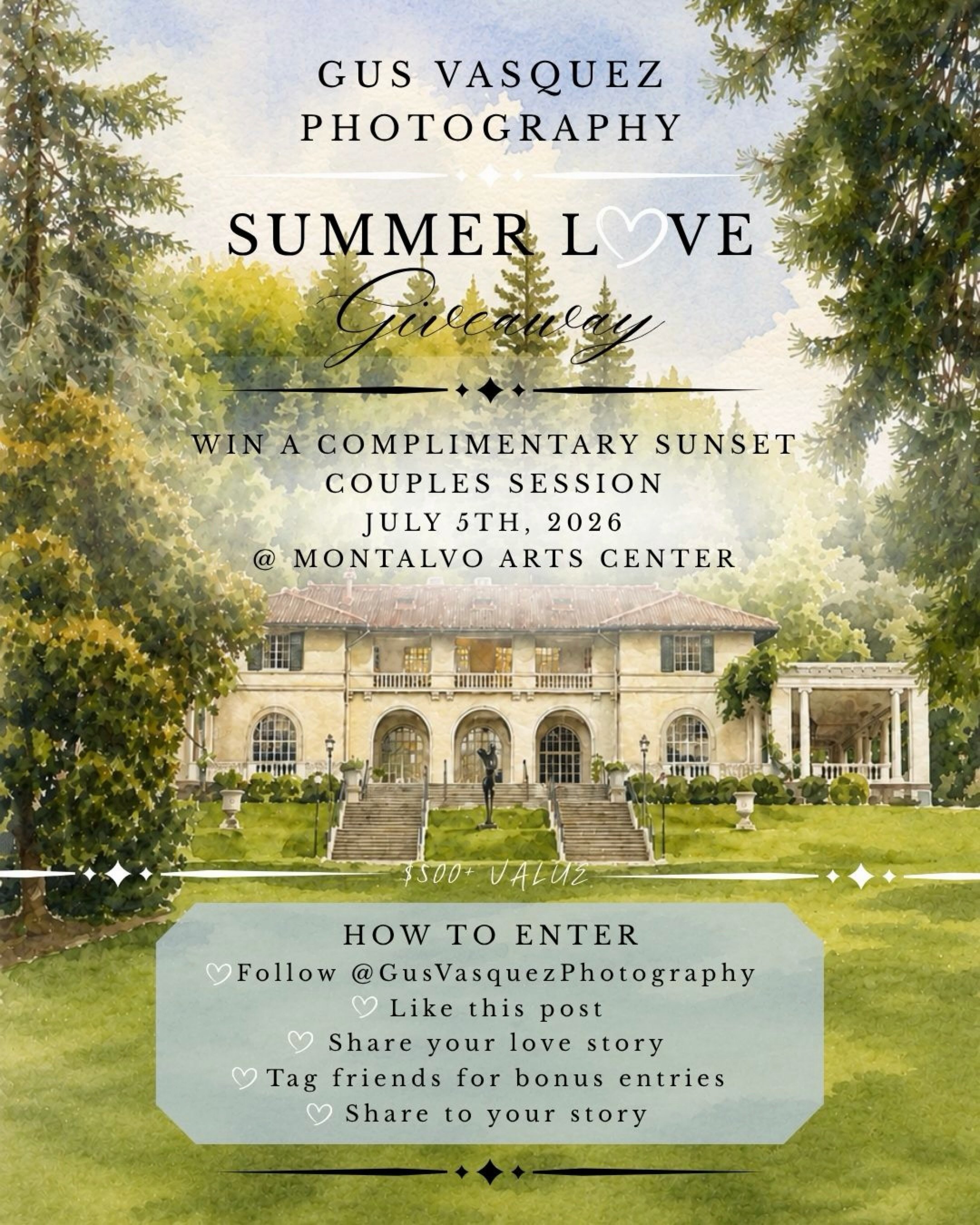 ✨ SUMMER LOVE GIVEAWAY ✨

Love is in the air, and I&rsquo;m excited to gift one couple a complimentary sunset session at one of my favorite locations, Montalvo Arts Center. 🤍

The winning couple will receive:
🤍 Complimentary Couples Session 🤍 Mont