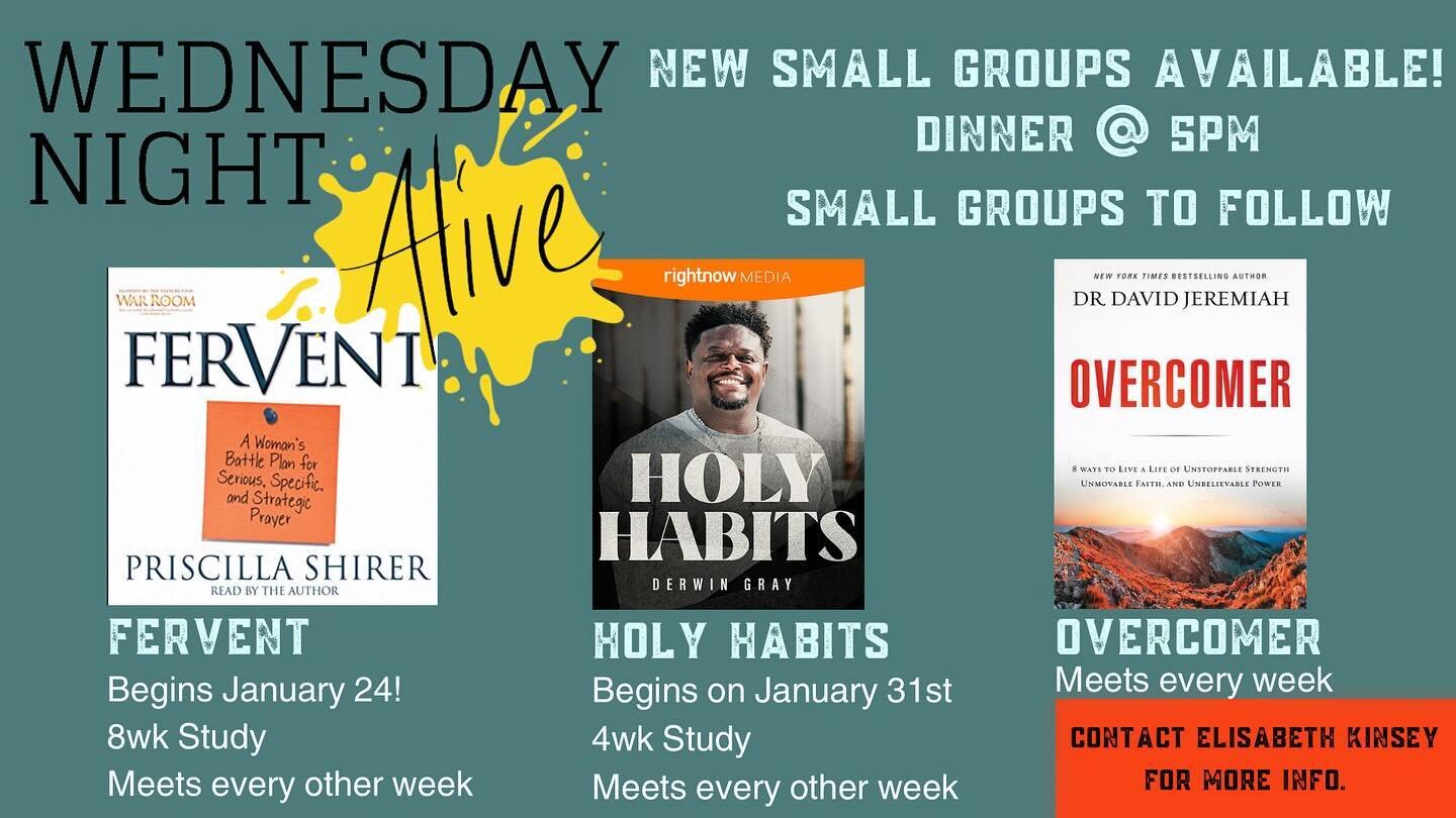 We are so excited for our Wednesday Night Alive RESTART on January 24th!!!🤩

Here is a look at the new small groups that will be available starting next Wednesday night!!

Dinner will be provided by The Menagerie at 5pm! 
🍴Menu:
-Pasta Bar with Red