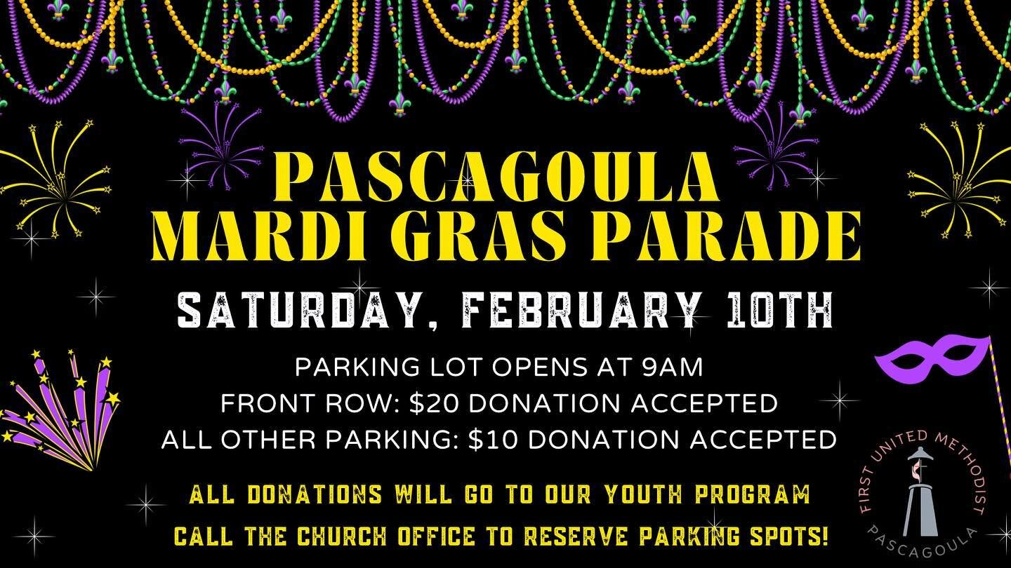 The Pascagoula Day Parade will begin at 12pm instead of 2pm on Saturday due to it being broadcasted on WLOX. The parking lot will open at 9am!! 

There is still time to reserve your spots!! Call the church office!💛💜💚🩷