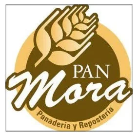 Logotipo de Pan Mora, una panadería y repostería, con manos haciendo una señal de paz o victoria y un fondo en forma de círculo beige.
