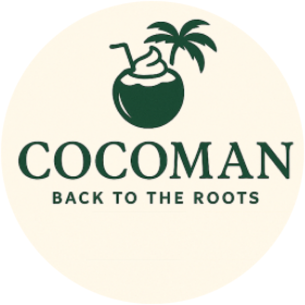 Logotipo con una cocoría de coco y una palmera, con el texto 'COCOMAN' y la frase 'Back to the roots'.