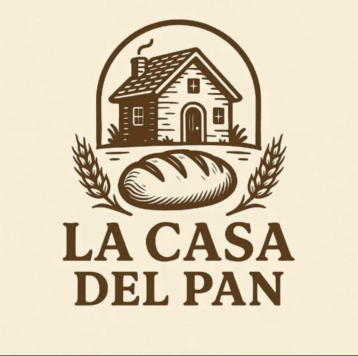 Logo de una casa de campo con pan y espigas de trigo, acompañado del texto 'La Casa del Pan' en letras grandes.