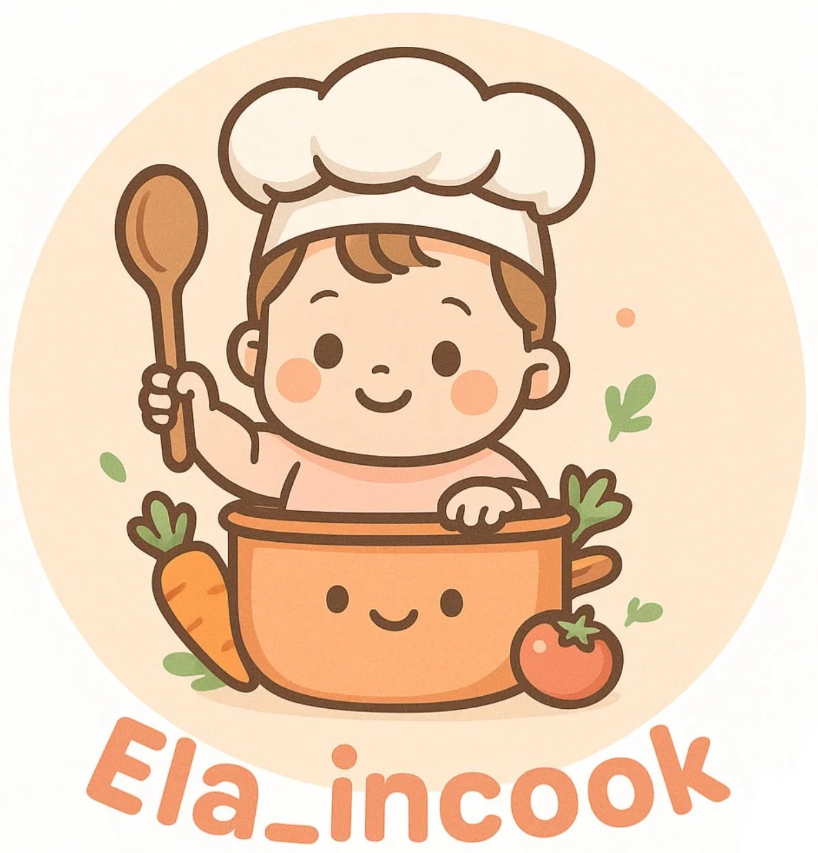 Ilustración de un niño cocinero con gorro chef sosteniendo una cuchara, rodeado de verduras como zanahoria y tomate, en un recipiente con cara sonriente, y el texto 'Ela_incook' debajo.