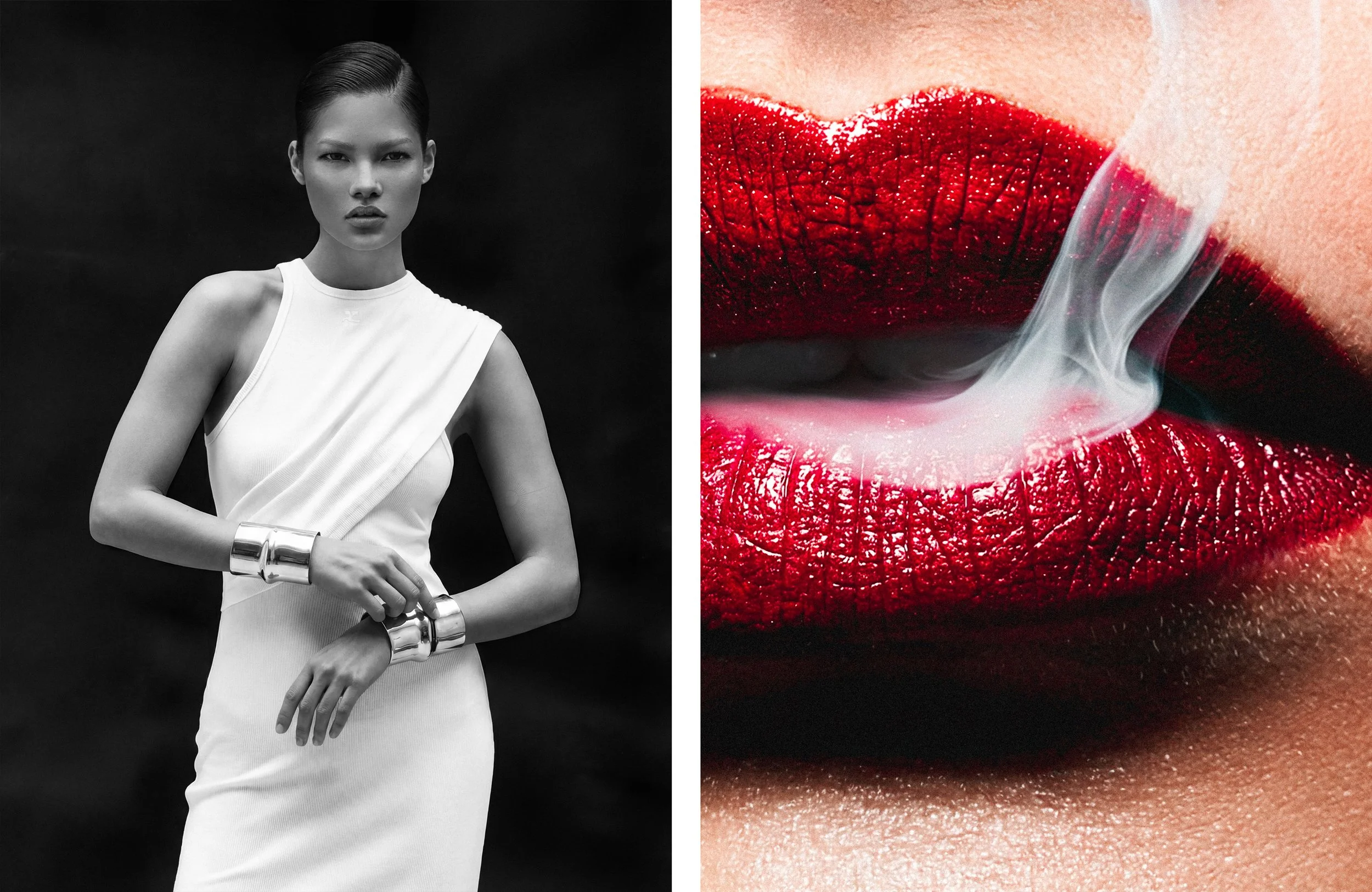 Total look COURRÈGES. Lip combo THE SLIM MATTE LONGWEAR LIPSTICK IN ROUGE LIBRE & THE INKS VINYL CREAM LIP HIGH SHINE LIP STAIN IN CHILI PROVOCATION, all YSL BEAUTY. Cenit Nadir by David Vetiver.