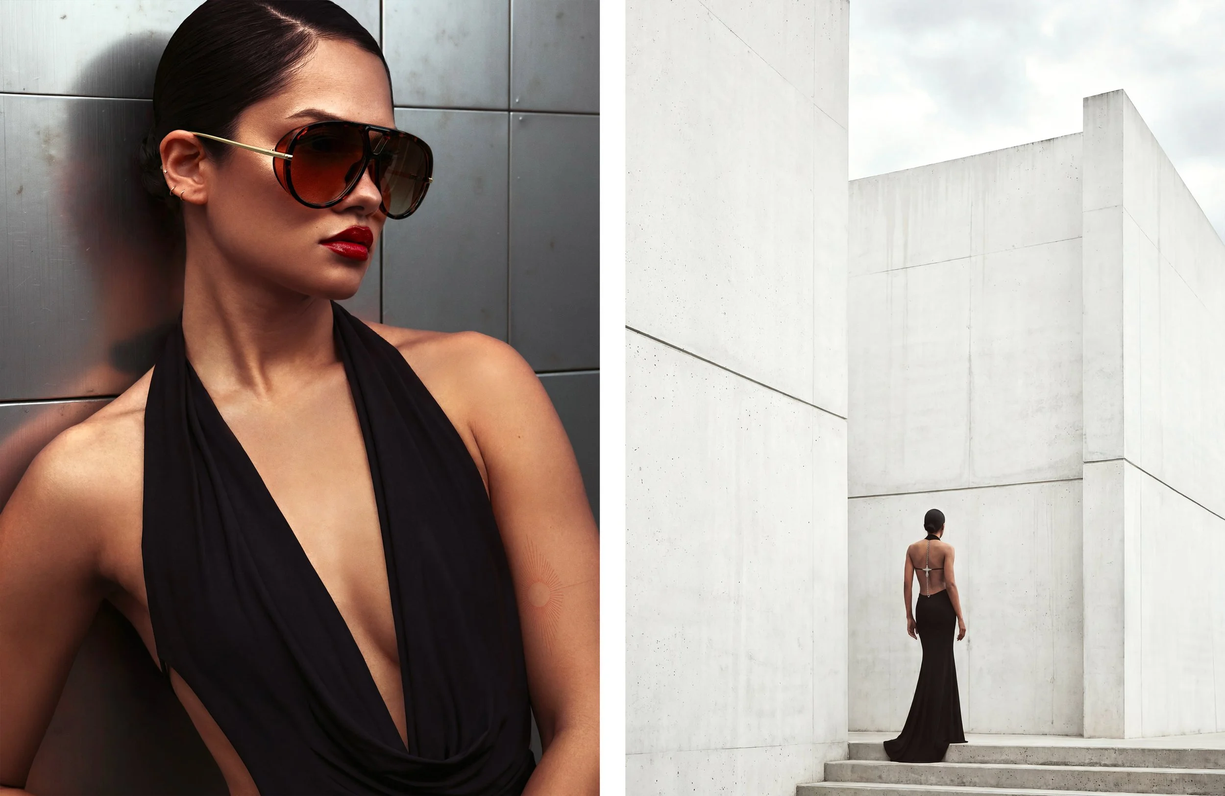 Dress ANIYE RECORDS, sunglasses BOTTEGA VENETA, lip combo THE SLIM MATTE LONGWEAR LIPSTICK IN ROUGE LIBRE & THE INKS VINYL CREAM LIP HIGH SHINE LIP STAIN IN CHILI PROVOCATION, all YSL BEAUTY. Cenit Nadir by David Vetiver