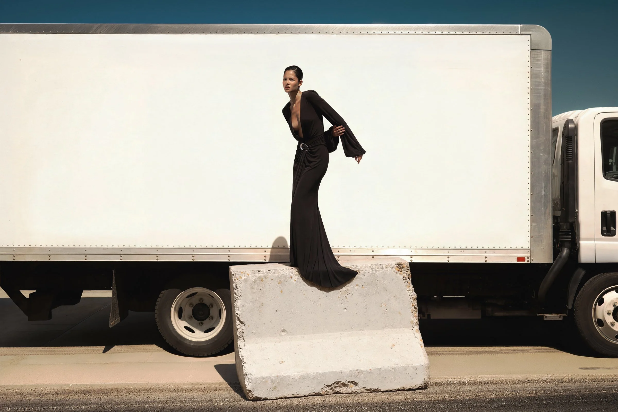 Black dress RAT & BOA. Woman in construction site. Cenit Nadir by David Vetiver
