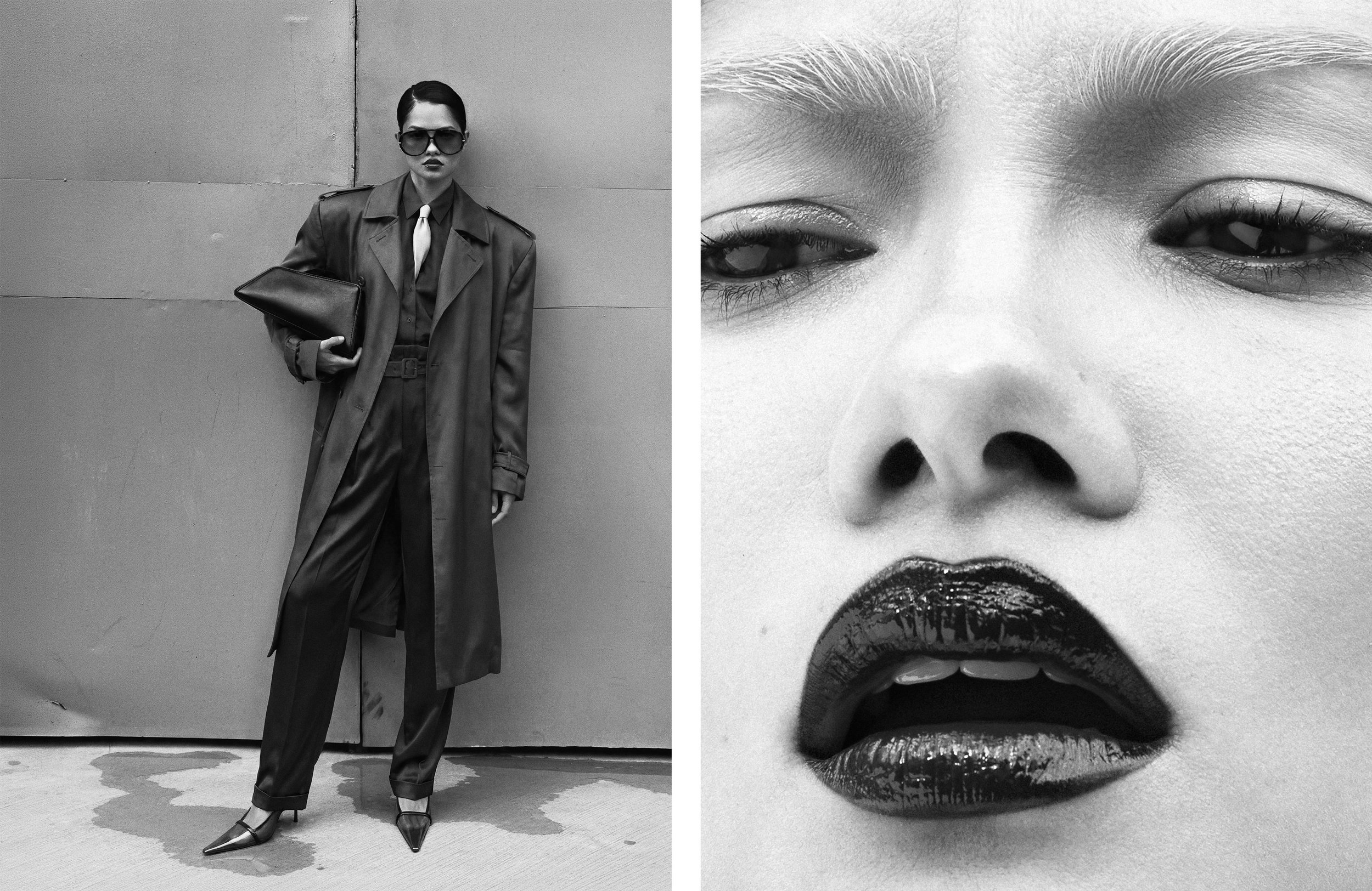 Trench coat, shirt, trousers, belt, and tie SAINT LAURENT BY ANTHONY VACCARELLO MEN’S COLLECTION, translucent pumps SAINT LAURENT BY ANTHONY VACCARELLO, clutch THE ATTICO, sunglasses BOTTEGA VENETA. YSL Beauty. Cenit Nadir by David Vetiver