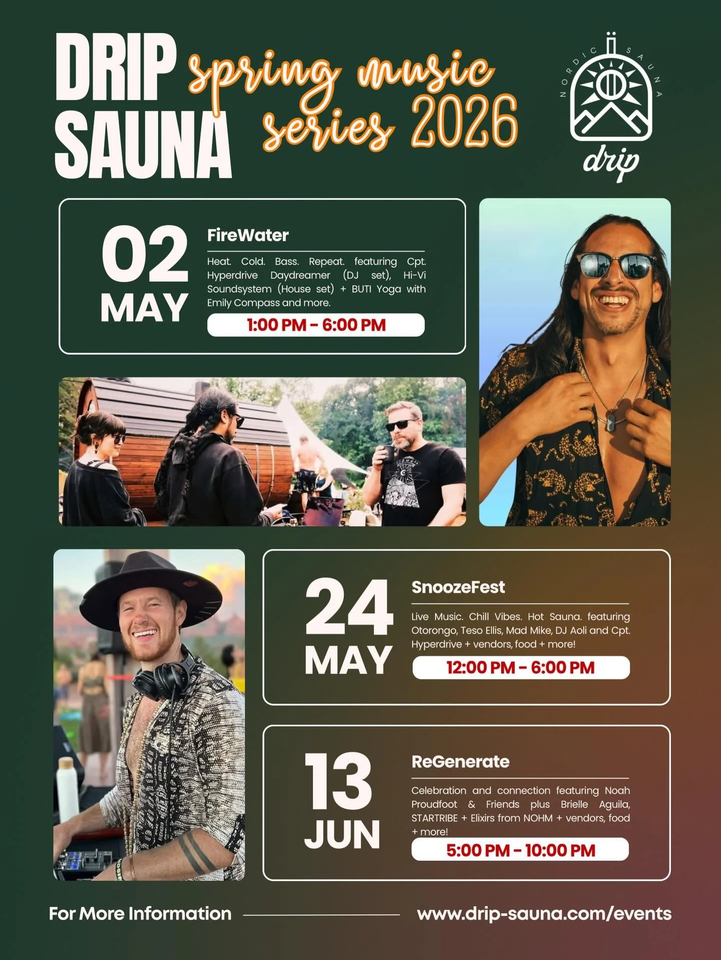 Spring music has just turned all the way up!

Join us this season as we highlight, celebrate, and get DOWN with some of the incredible artists in this community who have become a core part of Drip Sauna

May 2 &mdash; FireWater: A full-spectrum day o