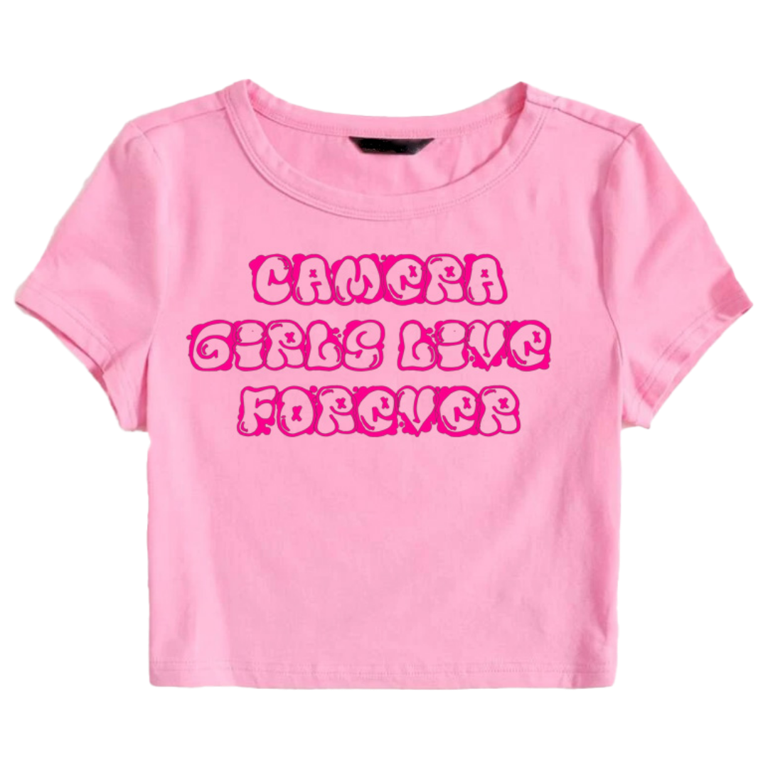 Pink T-shirt with bold pink-lettered text that reads 'CANGA GIRL LIVE FORVER'