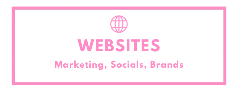 Pink-bordered black banner with a globe icon and text promoting websites for marketing, social media, and brands.