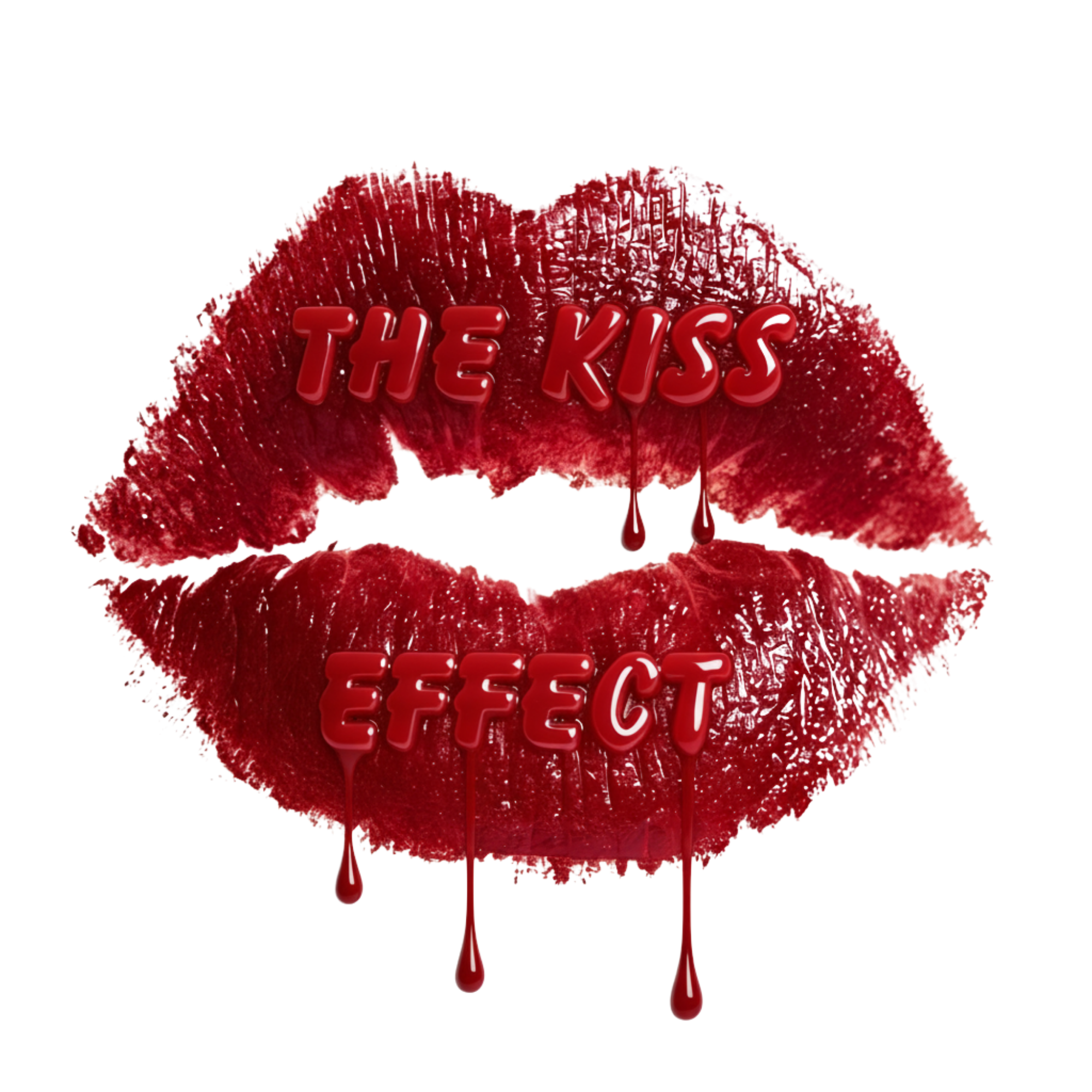 Red lipstick kiss mark with the words 'The Kiss Effect' in the middle, dripping with blood.