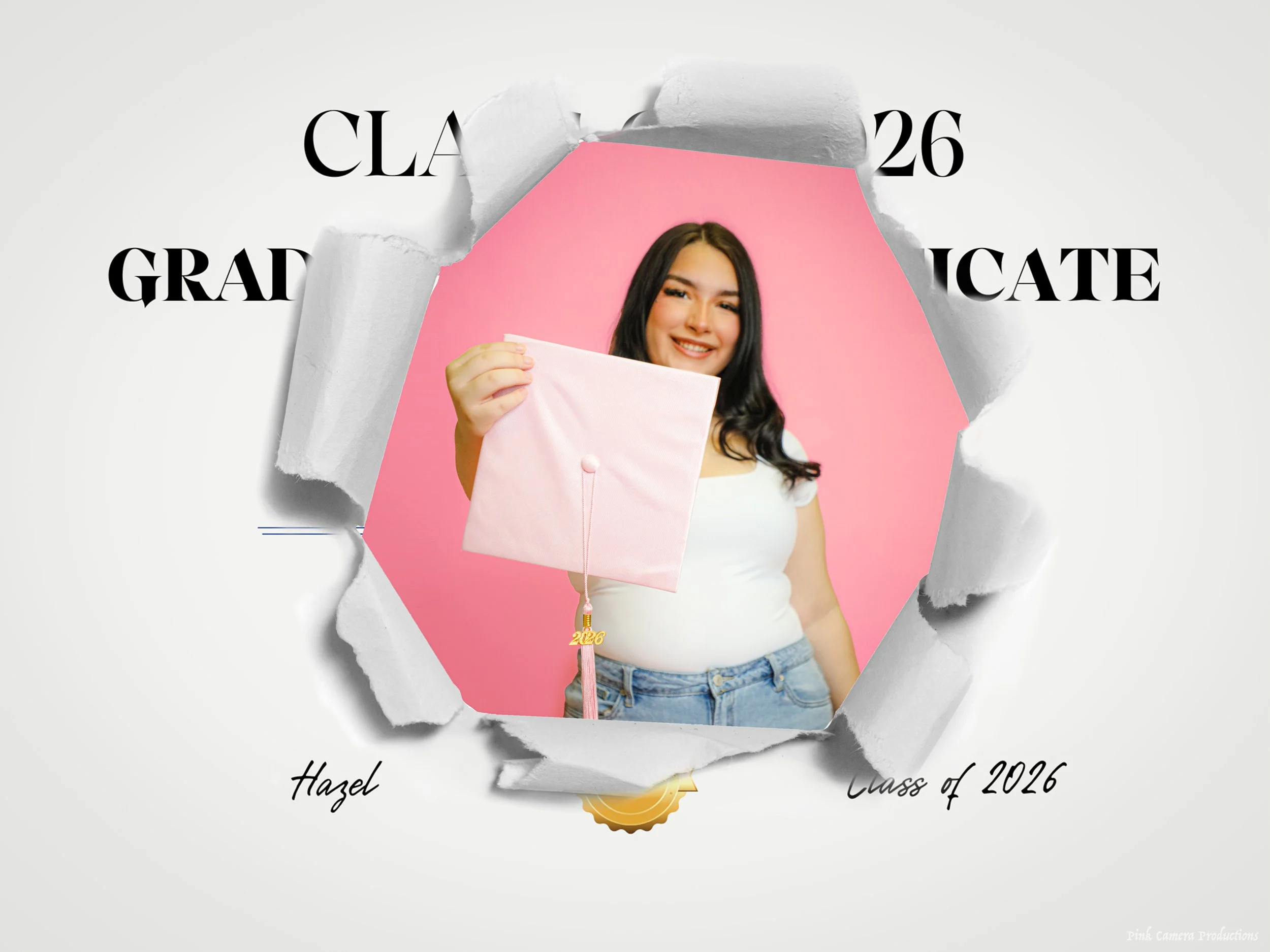 A young woman with long dark hair smiling and holding a pink graduation cap with a tassel with the number 2026, standing in front of a pink background. The image is framed through a torn paper effect on a digital graduation announcement for Hazel of 