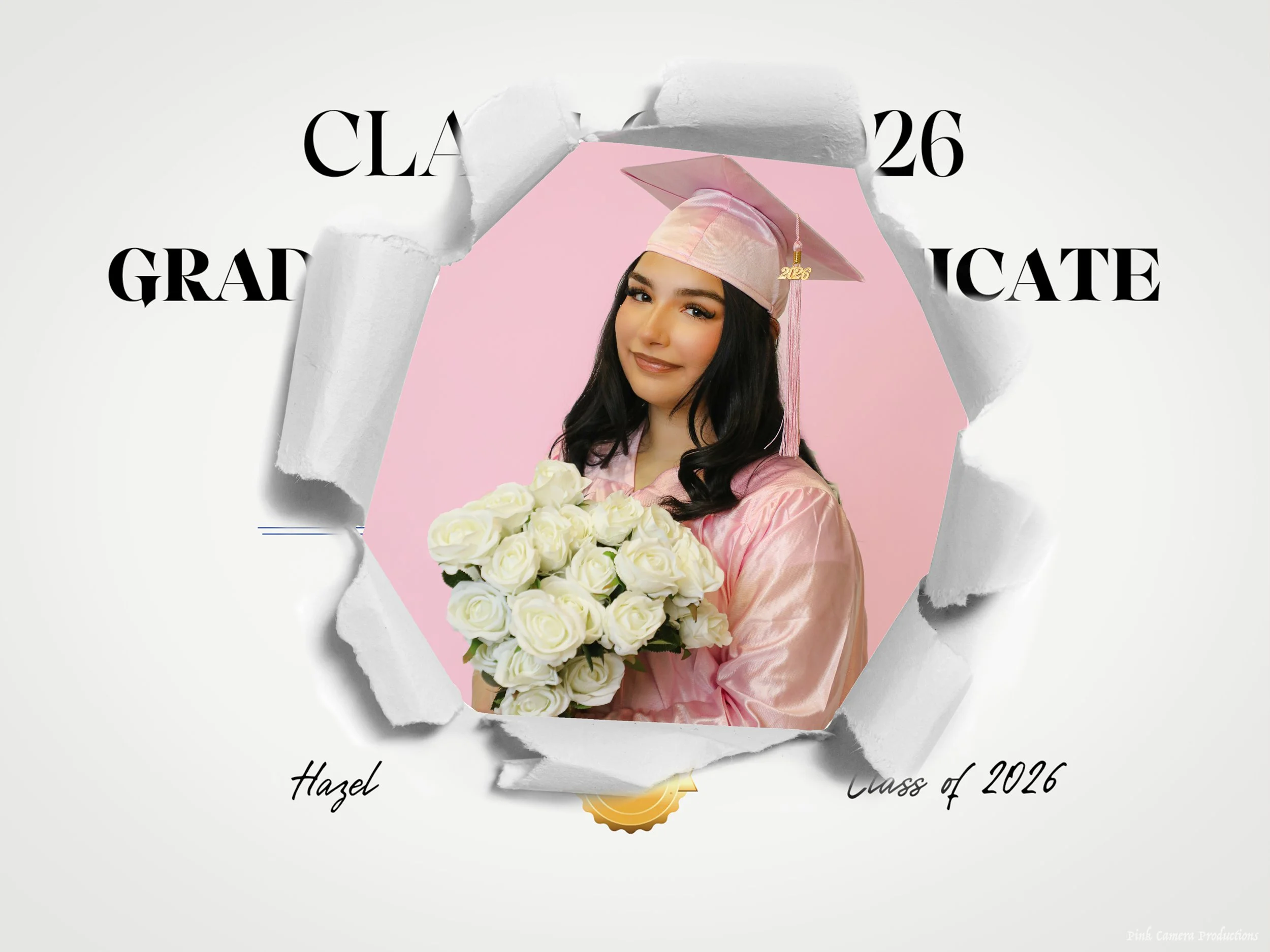Graduation invitation featuring a young woman in a pink cap and gown holding a bouquet of white roses, with torn paper design and text indicating her name Hazel and class of 2026.