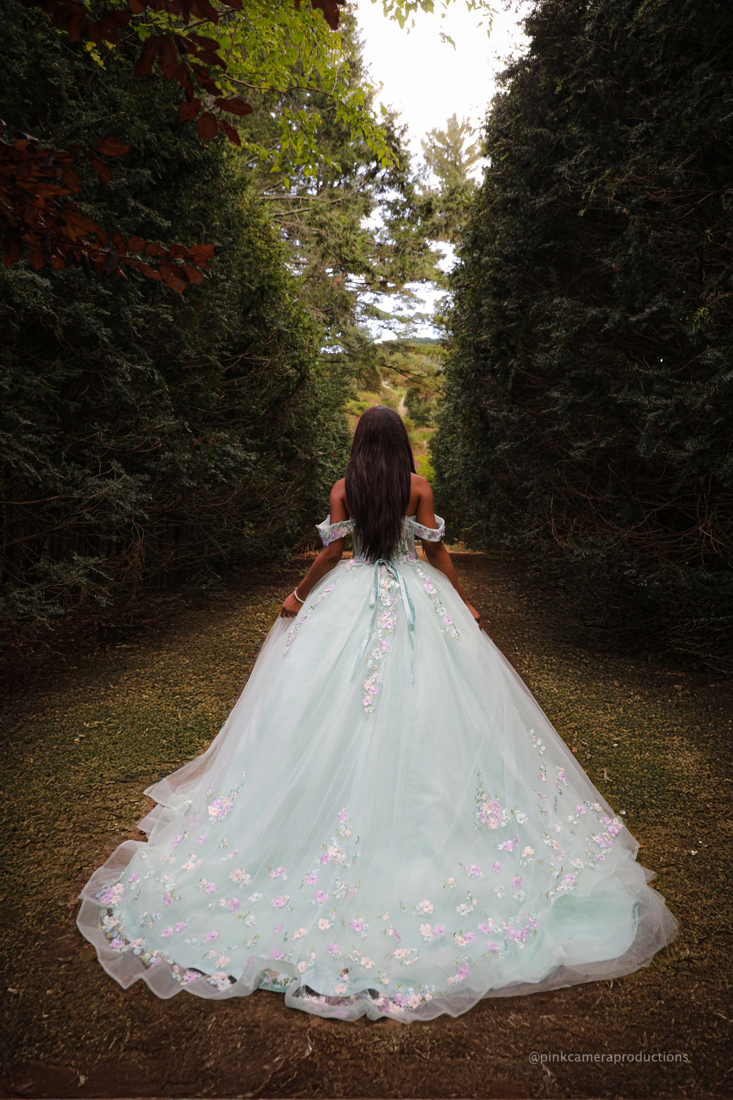 A woman in a light blue ball gown with floral embroidery standing on a dirt path between tall, dark green trees in a forest, facing away from the camera.